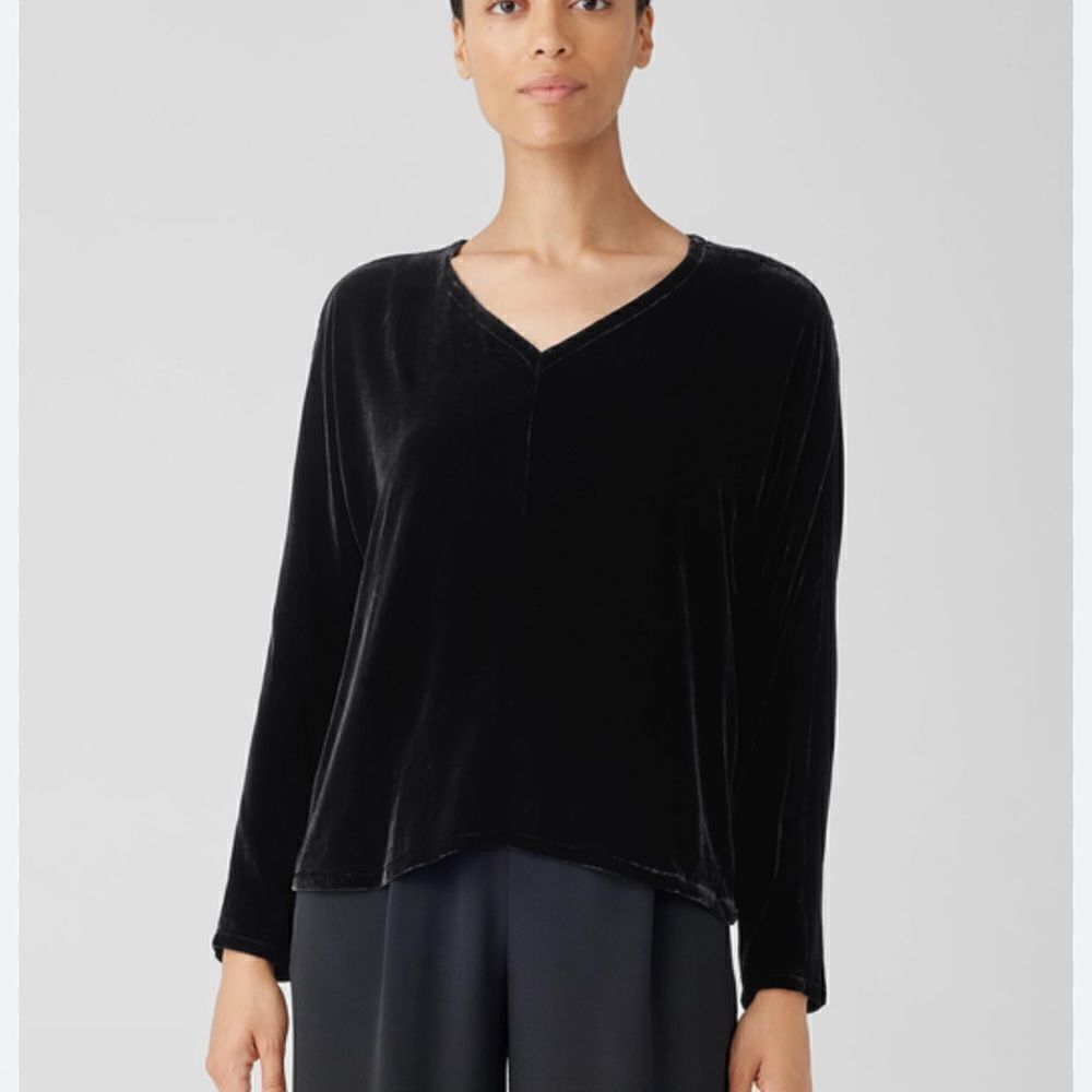 EILEEN FISHER Women's V-Neck Silk & Velvet Long-Sleeve Top